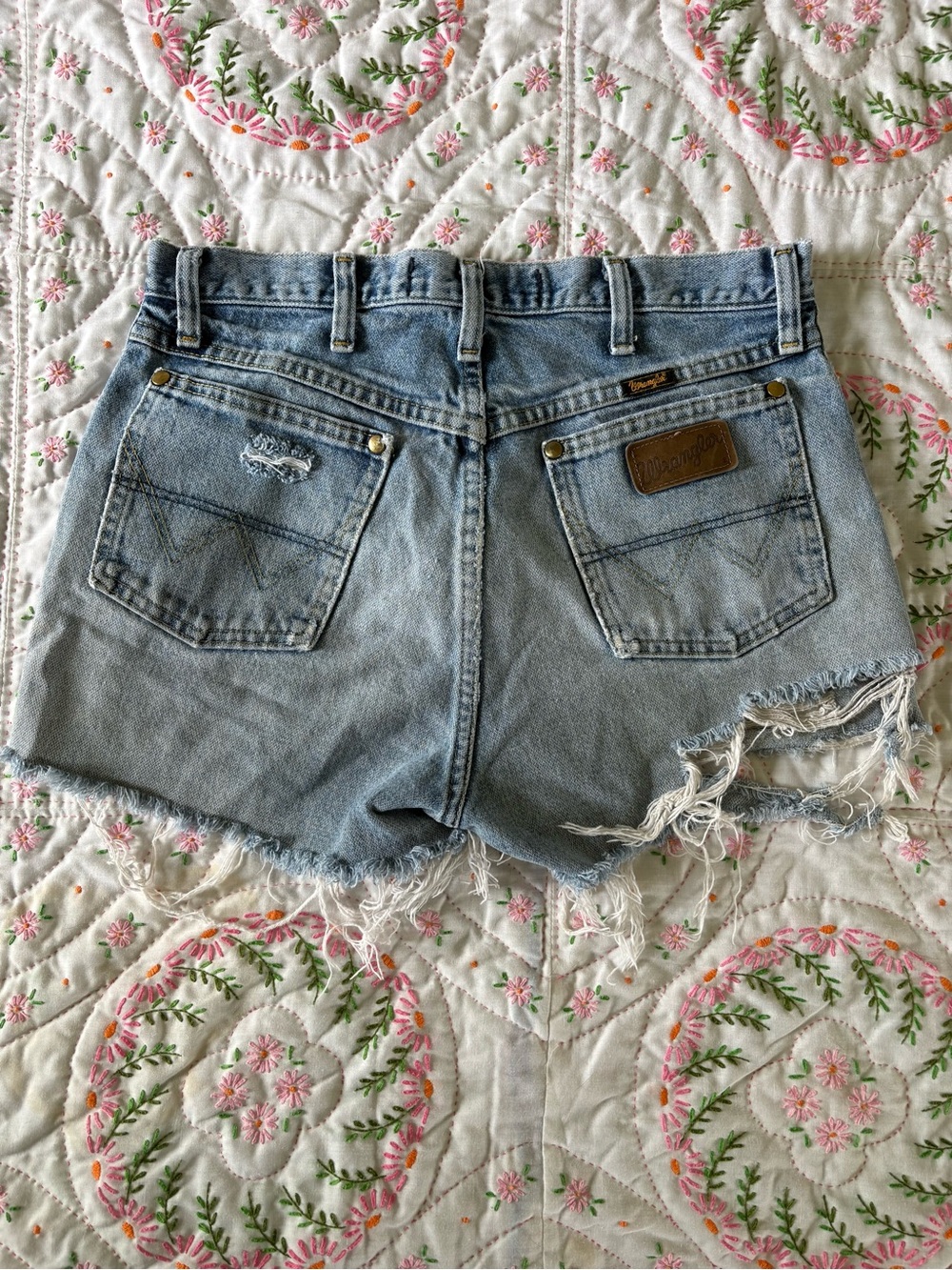 Vintage-Inspired Light Blue Wrangler Cut Off Distressed Jean Shorts